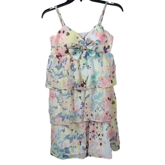 Candie’s Watercolor Bow Tiered Chiffon Babydoll Mini Dress Juniors L Sleeveless - Picture 12 of 12